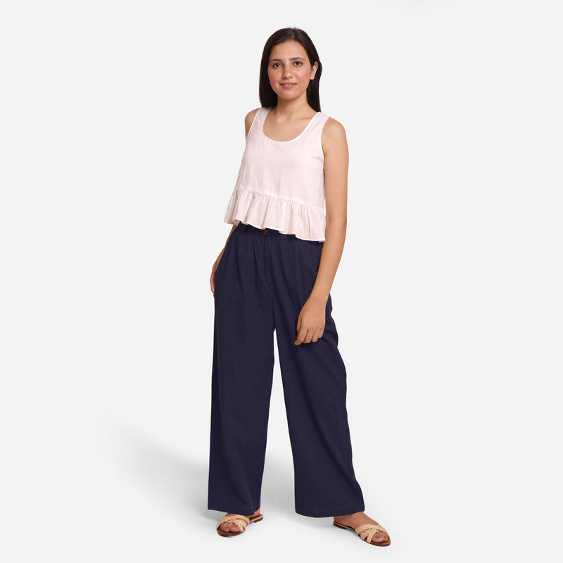 Front View of a Model wearing Navy Blue Cotton Flax Wide Legged Straight Pant