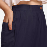 Front Detail of a Model wearing Navy Blue Cotton Flax Wide Legged Straight Pant