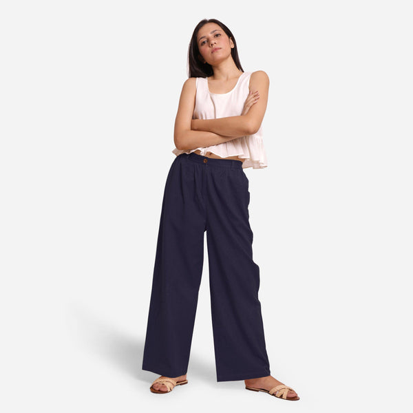 Front View of a Model wearing Navy Blue Cotton Flax Wide Legged Straight Pant