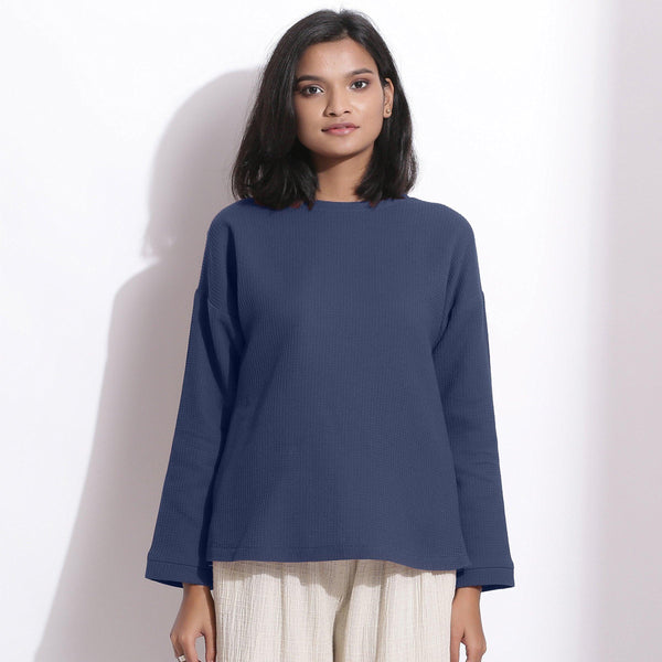 Front View of a Model wearing Navy Blue Cotton Waffle Drop Shoulder Top