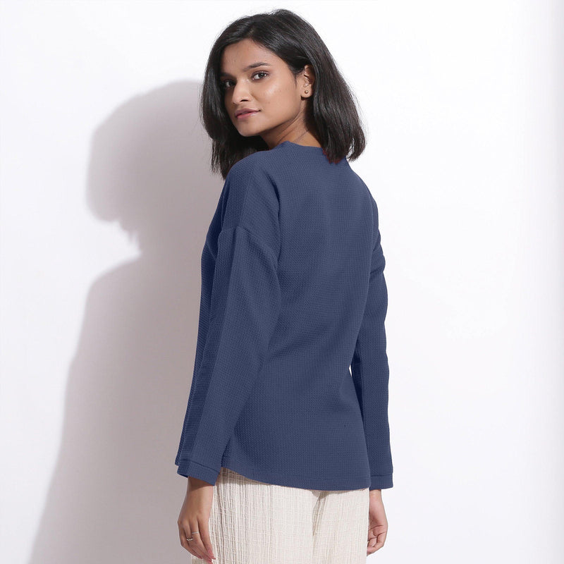 Back View of a Model wearing Navy Blue Cotton Waffle Drop Shoulder Top