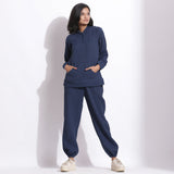 Front View of a Model wearing Navy Blue Cotton Waffle Hoodie and Jogger Pant Set