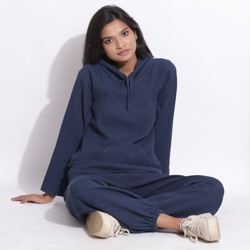 Buy Navy Blue Warm Cotton Waffle Hoodie Top and Jogger Pant Co-ord