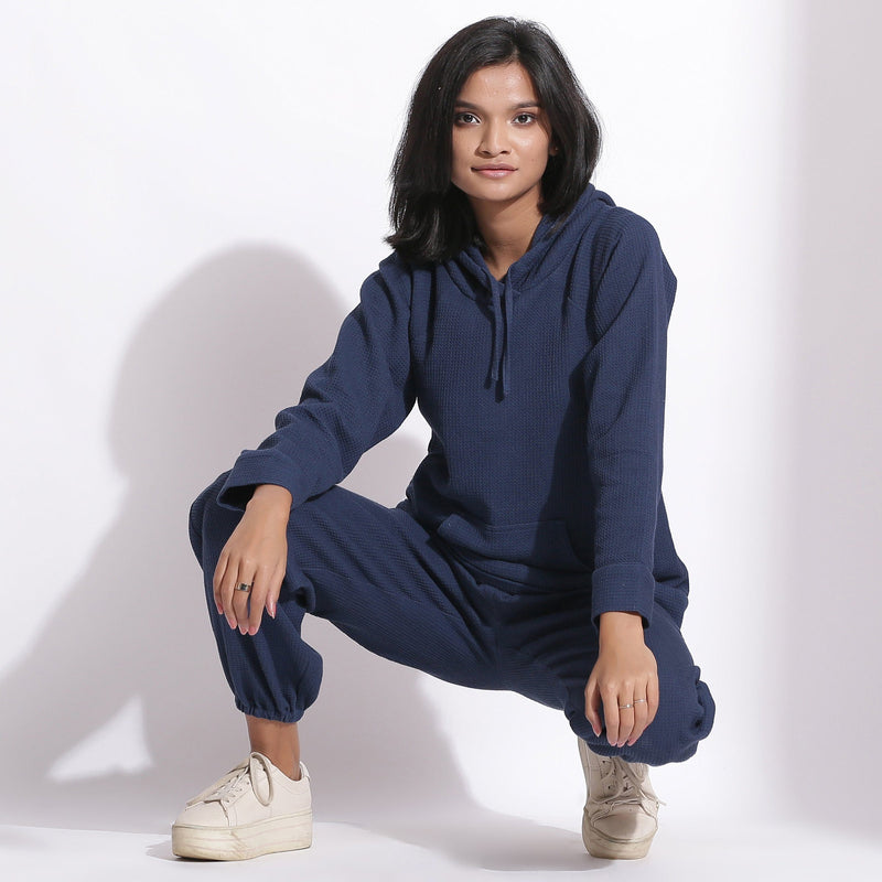 Buy Navy Blue Warm Cotton Waffle Hoodie Top and Jogger Pant Co-ord