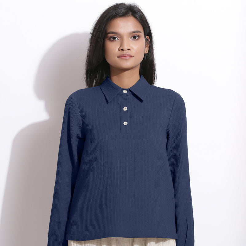 Front View of a Model wearing Navy Blue Cotton Waffle Polo Shirt