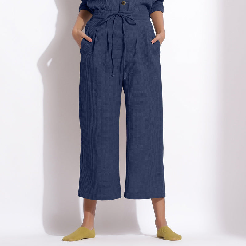 Front View of a Model wearing Navy Blue Cotton Waffle Relaxed Culottes
