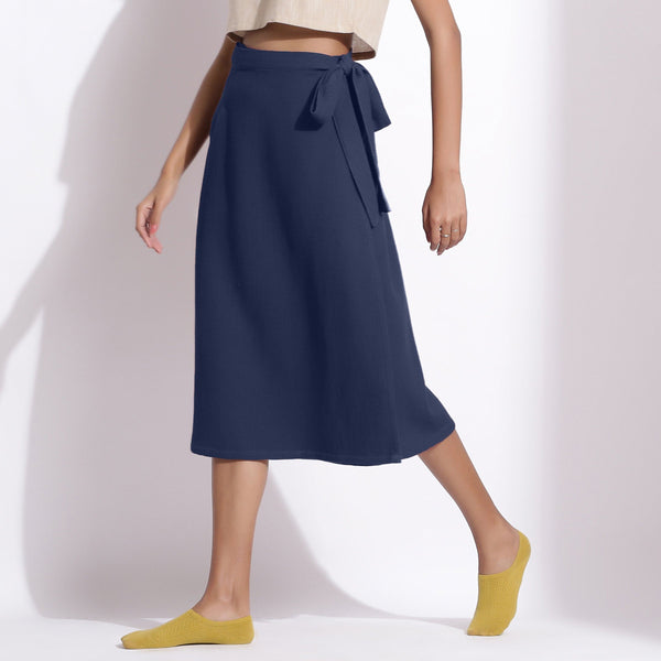 Left View of a Model wearing Navy Blue Cotton Waffle Wrap Skirt