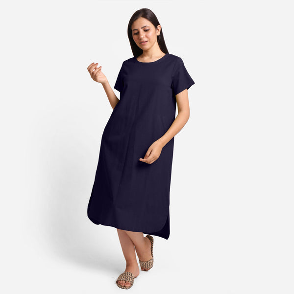 Front View of a Model wearing Navy Blue Cotton Welt Pocket Shift Dress
