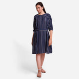 Front View of a Model wearing Navy Blue Crinkled Cotton Loose Fit Tunic