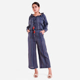 Front View of a Model wearing Navy Blue Crinkled Cotton Striped Culottes