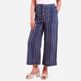 Front View of a Model wearing Navy Blue Crinkled Cotton Striped Culottes