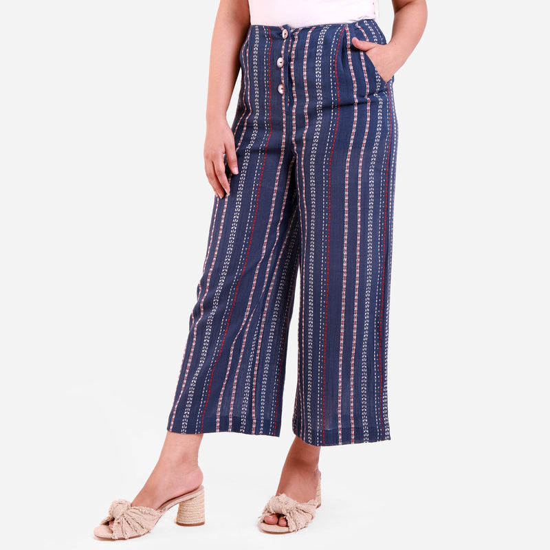 Left View of a Model wearing Navy Blue Crinkled Cotton Striped Culottes