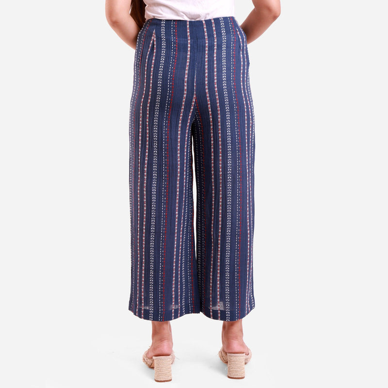 Back View of a Model wearing Navy Blue Crinkled Cotton Striped Culottes