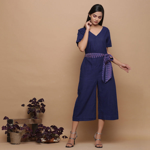 Front View of a Model wearing Navy Blue Handspun Ikat Straight Jumpsuit