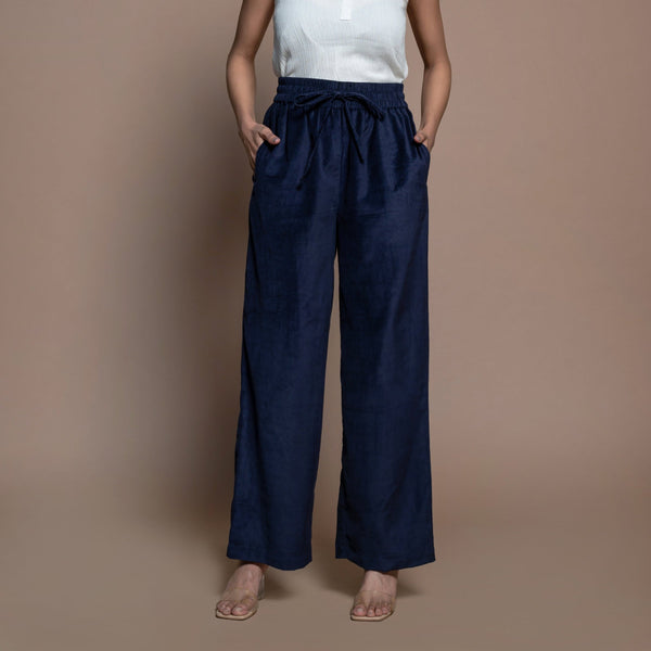 Front View of a Model wearing Navy Blue Cotton Velvet Elasticated High-Rise Pant