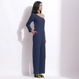 Right View of a Model wearing Navy Blue Honeycomb One-Shoulder Jumpsuit