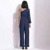 Back View of a Model wearing Navy Blue Honeycomb One-Shoulder Jumpsuit
