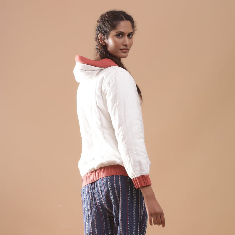 Back View of a Model wearing Reversible Quilted Cotton Bomber Jacket