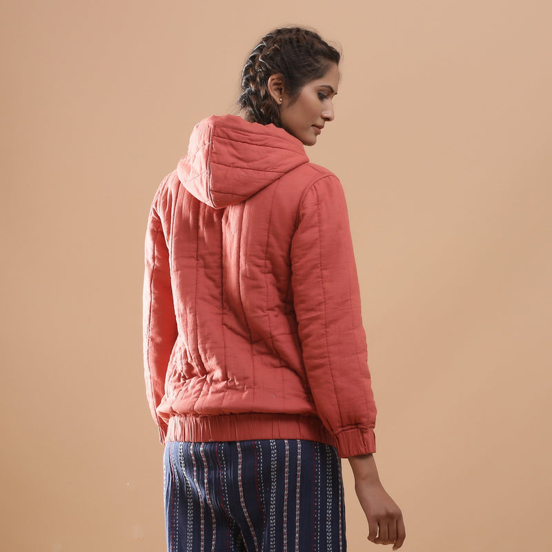 Back View of a Model wearing Reversible Quilted Cotton Bomber Jacket