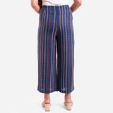 Back View of a Model wearing Navy Blue Crinkled Cotton Striped Culottes