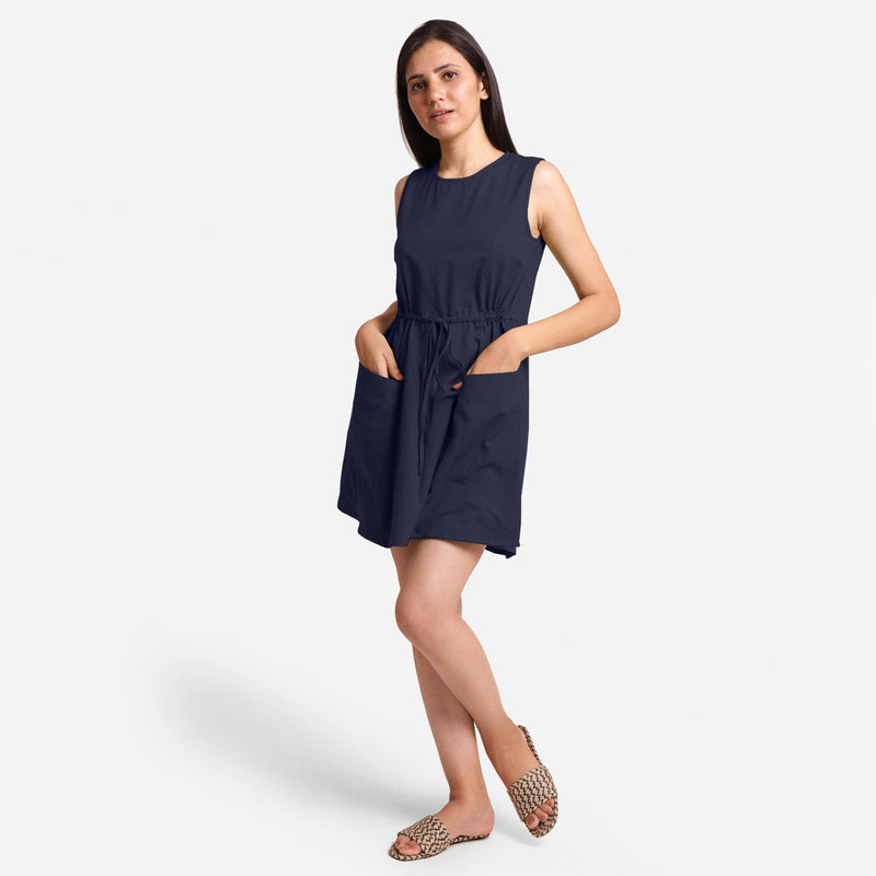 Front View of a Model wearing Navy Blue Patch Pocket Round Neck Dress