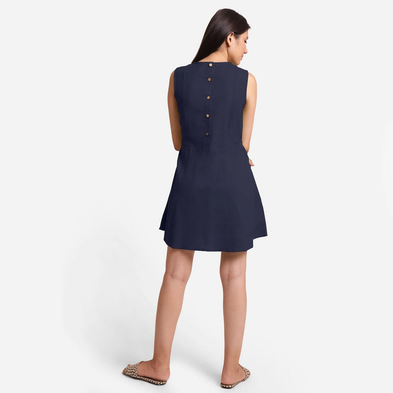 Back View of a Model wearing Navy Blue Patch Pocket Round Neck Dress