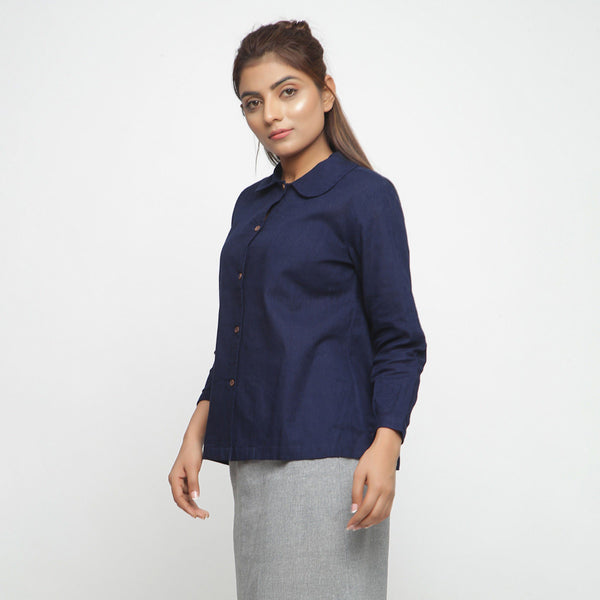 Left View of a Model wearing Solid Navy Blue Peter Pan Collar Shirt