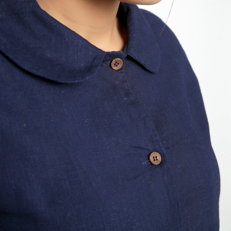 Front Detail of a Model wearing Solid Navy Blue Peter Pan Collar Shirt