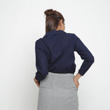 Back View of a Model wearing Solid Navy Blue Peter Pan Collar Shirt