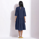 Back View of a Model wearing Navy Blue Waffle High Neck Tier Dress