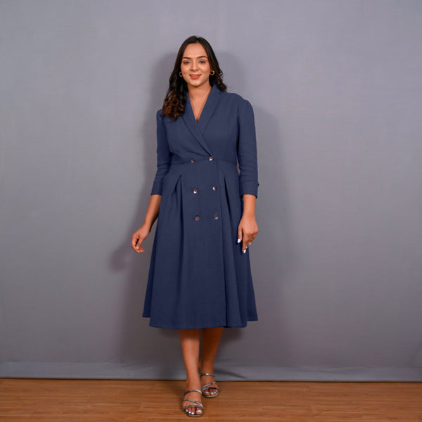 Front View of a Model wearing Navy Blue Warm Cotton Waffle Pleated Button-Down Midi Dress