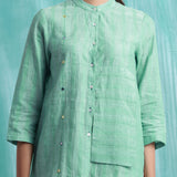 Front Detail of a Model wearing Ocean Green Handspun Cotton Mandarin Collar Button-Down Top
