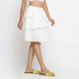 Right View of a Model wearing Off-White 100% Cotton Dobby Ruffled Short Skirt