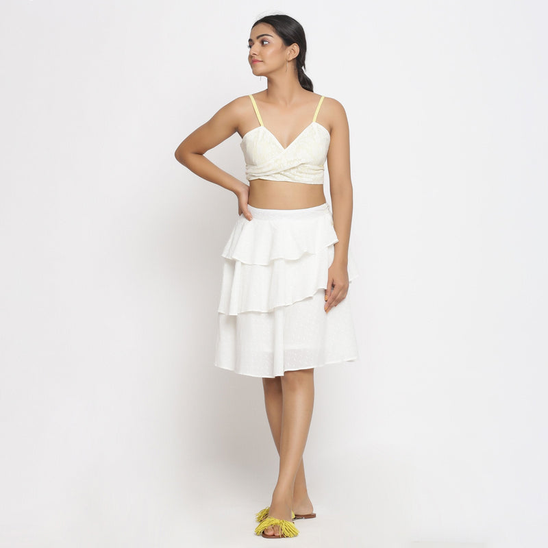Front View of a Model wearing Off-White 100% Cotton Dobby Ruffled Short Skirt