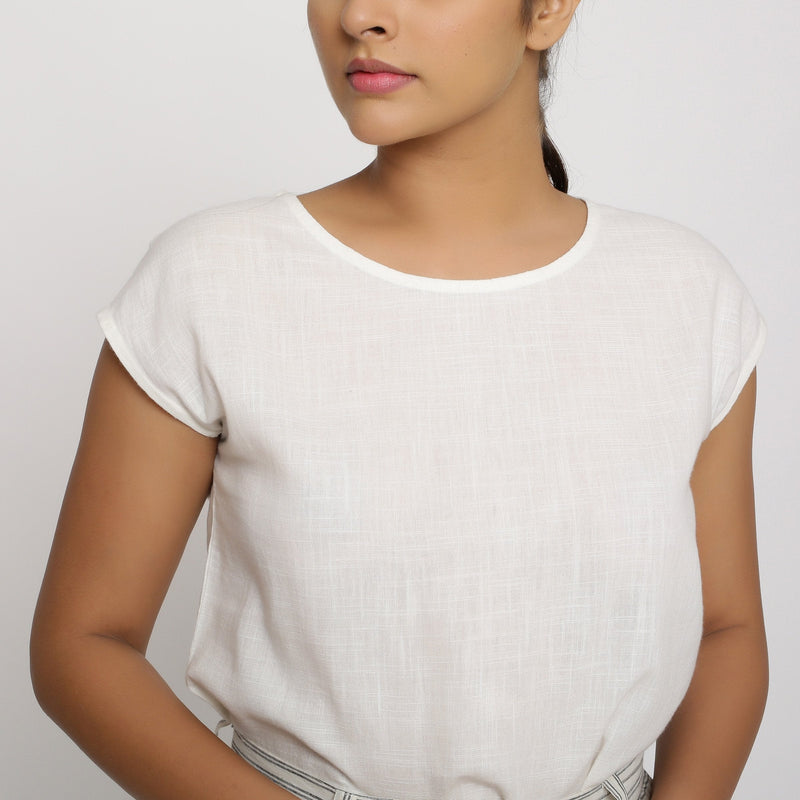 Front Detail of a Model wearing Off-White 100% Cotton Round Neck Cap Sleeve Top