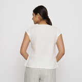 Back View of a Model wearing Off-White 100% Cotton Round Neck Cap Sleeve Top