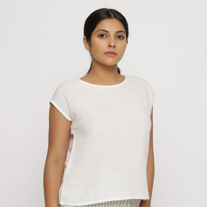 Front View of a Model wearing Off-White Cotton Slub Straight Top
