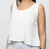 Front Detail of a Model wearing Off-White Crinkled Cotton Straight Top