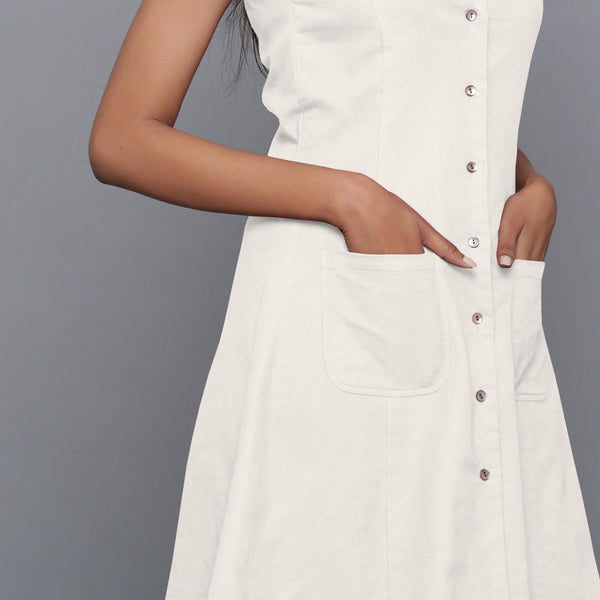 Front Detail of a Model wearing Off-White Flannel Button-Down Dress
