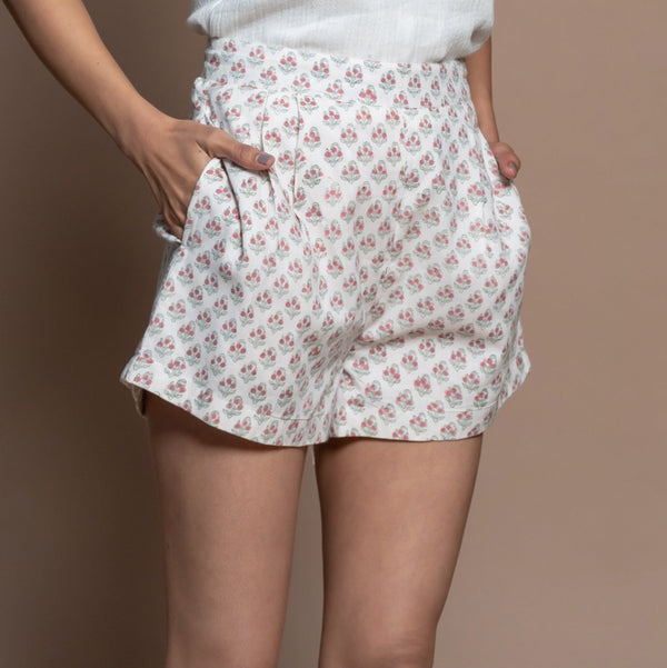 Right View of a Model wearing Off-White Floral Block Printed Cotton Shorts