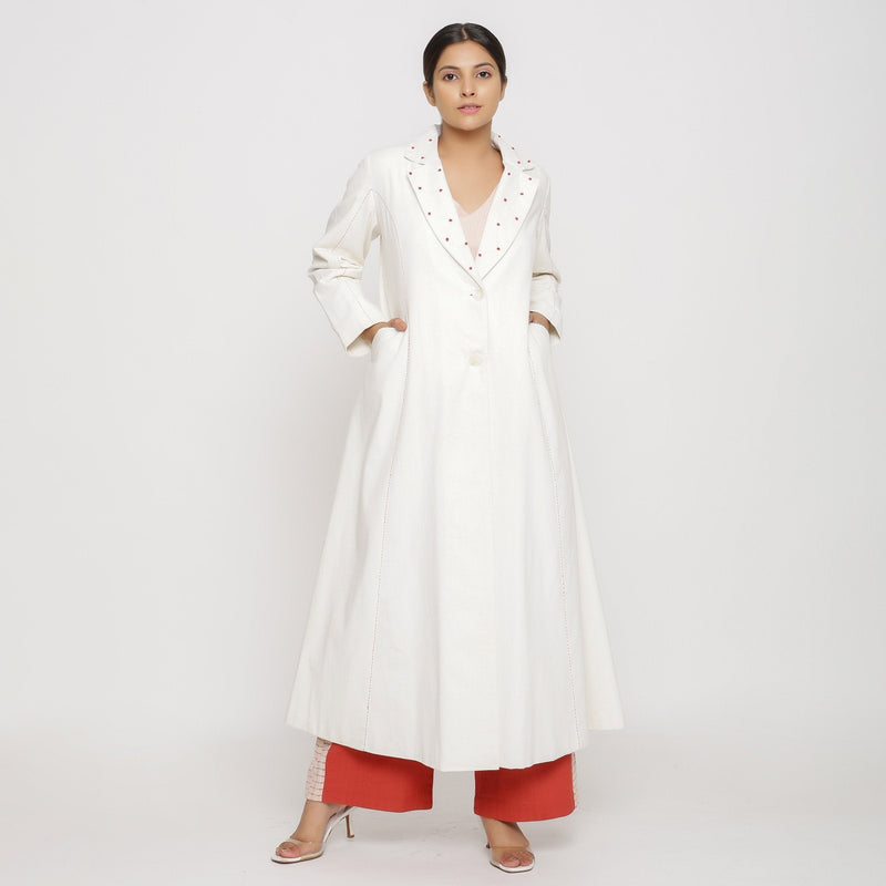 Front View of a Model wearing Off-White Hand Beaded Cotton Princess Line Overcoat