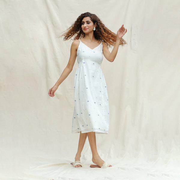 Front View of a Model wearing Off-White Aztec Handspun Cotton Jamdani Midi Slip Dress