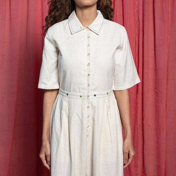 Front Detail of a Model wearing Off-White Embroidered Cotton Muslin High-Rise Overalls
