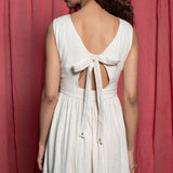 Back Detail of a Model wearing Off-White Embroidered Cotton Muslin Floor Length Tier Dress
