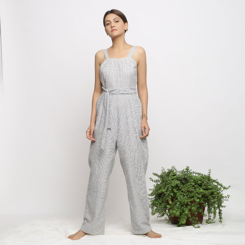 Front View of a Model wearing Off-White Handwoven Cotton Jumpsuit