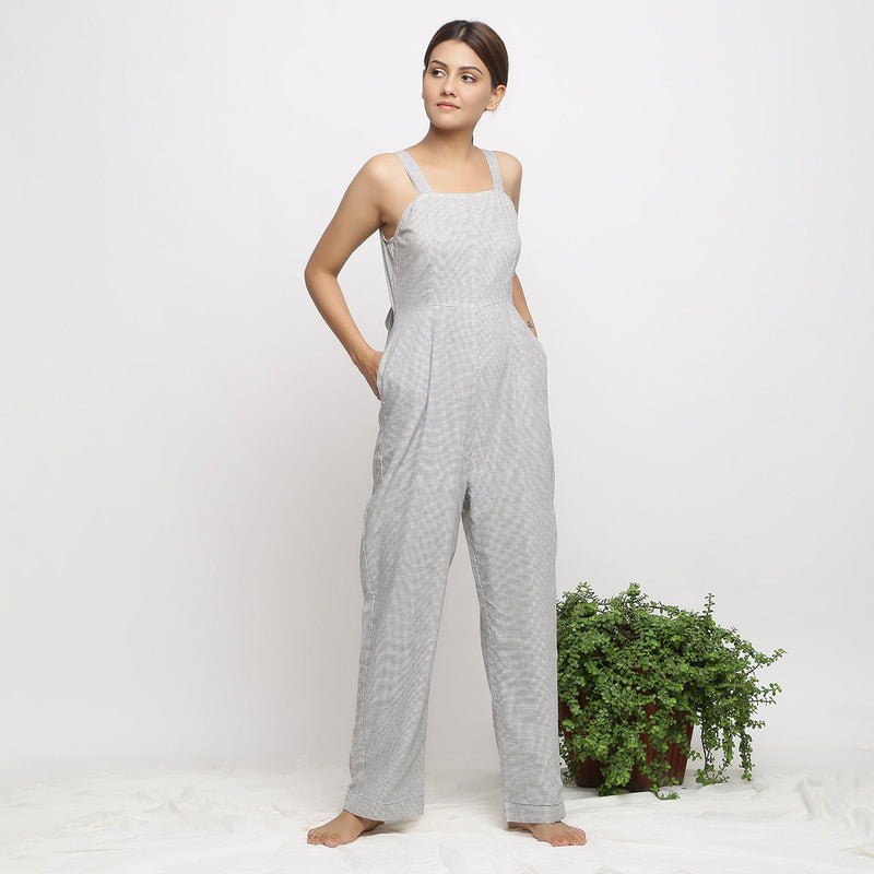 Front View of a Model wearing Off-White Handwoven Cotton Jumpsuit