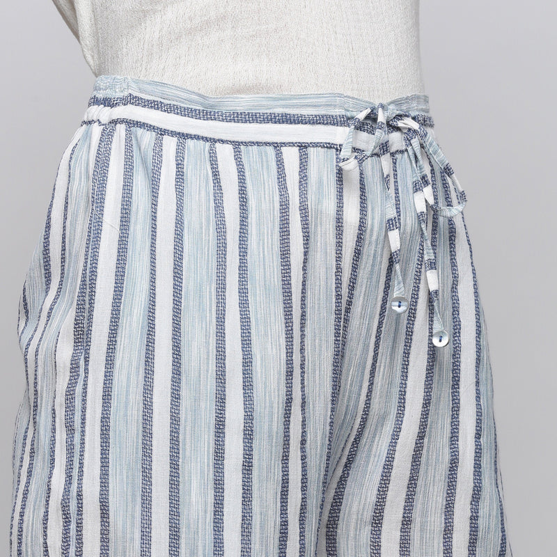 Front Detail of a Model wearing Sky Blue Yarn Dyed Cotton Culottes