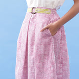 Front Detail of a Model wearing Wine Triangle Hand Block Printed Pleated Skirt