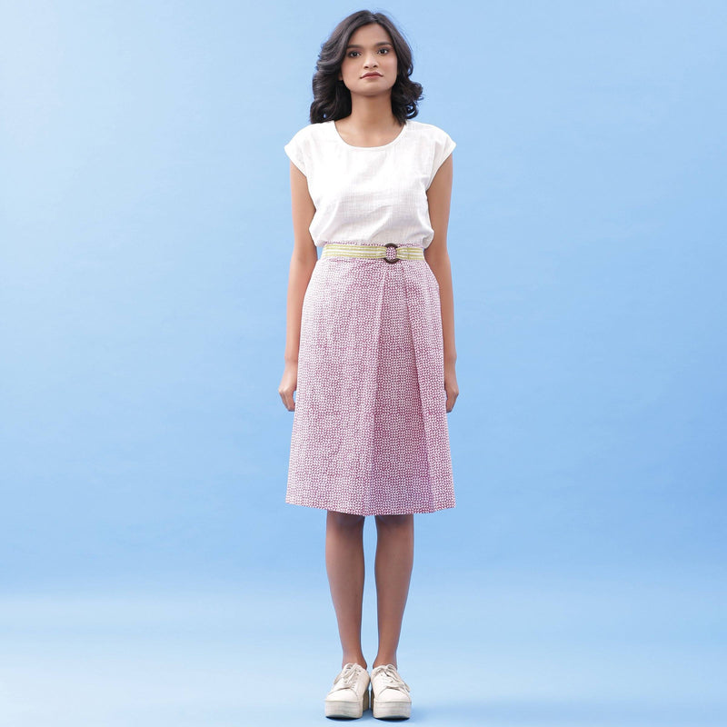 Front View of a Model wearing Off-White Top and Block Printed Skirt Set