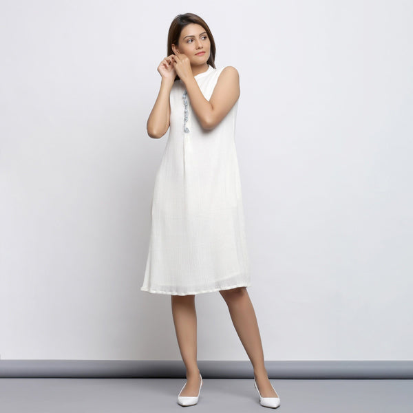 Front View of a Model wearing Off-White Button-Down Shift Dress